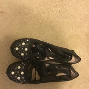 TopShop - Kisses Black Flats With Wrap Around Laces - Size 6.5